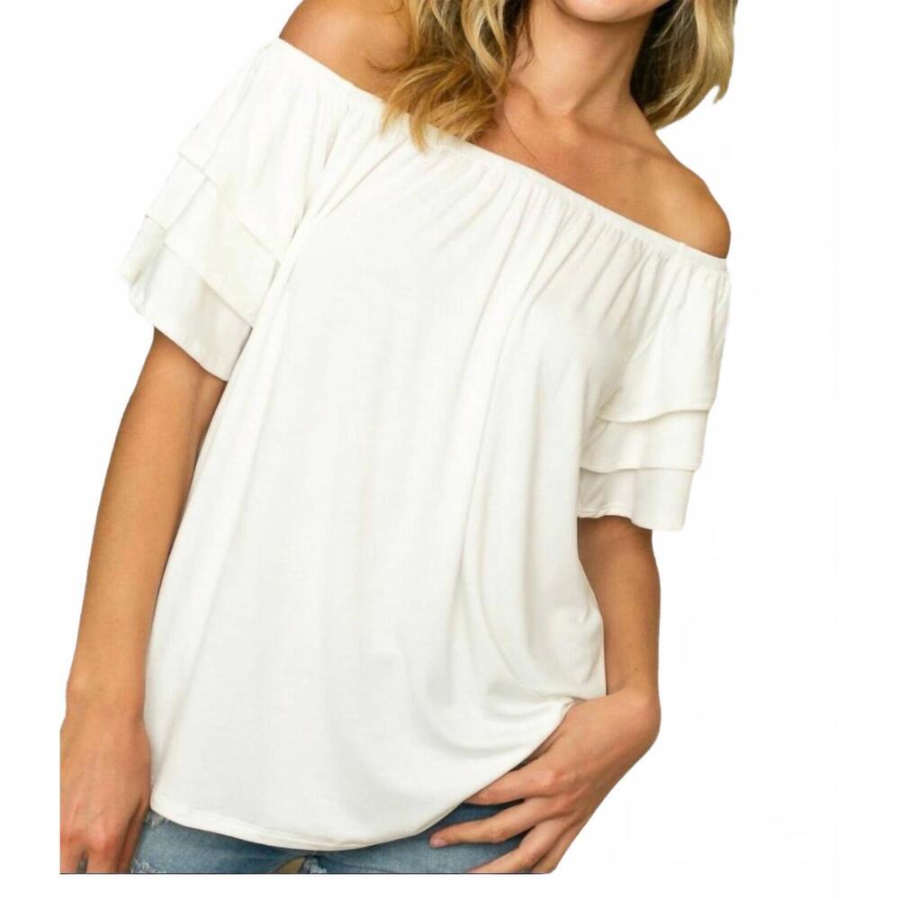 NEW E. LUNA off shoulder tiered ruffle top in cream